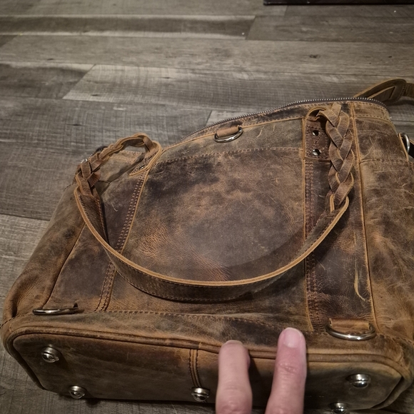Distressed Leather Artisan Patterned Brown and Black Shoulder Bag - Picture 10 of 14